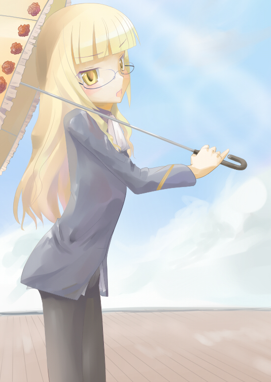 dune (artist), perrine h. clostermann, strike witches, world witches series, 00s, 1girl, blonde hair, day, female focus, glasses, jacket, long hair, pantyhose, parasol, sky, solo, umbrella, yellow eyes