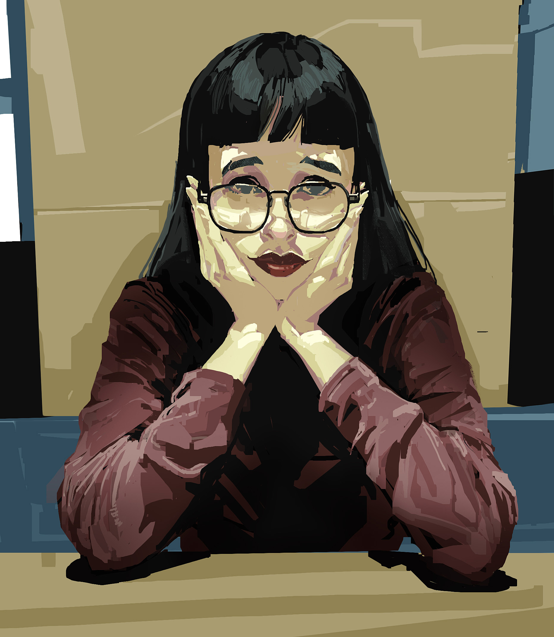 ben lo, original, highres, 1girl, black hair, blue eyes, glasses, hand on own face, hood, hood down, hoodie, long hair, looking at viewer, painterly, red hoodie, red lips, solo, upper body