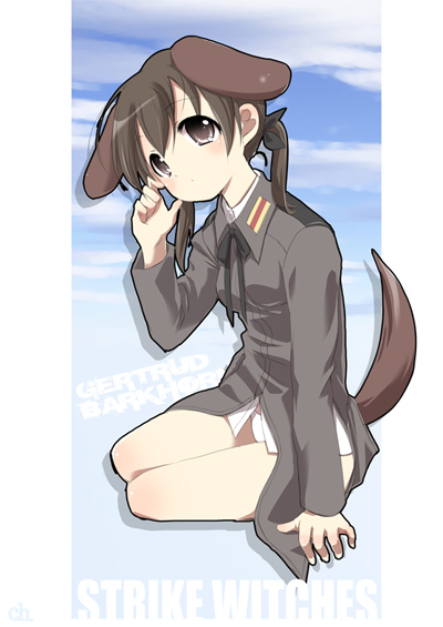 choco (moyasi), choko (moyasi), gertrud barkhorn, strike witches, world witches series, uniform, 00s, 1girl, animal ears, brown eyes, brown hair, dog ears, dog tail, female focus, jacket, no pants, solo, tail, twintails