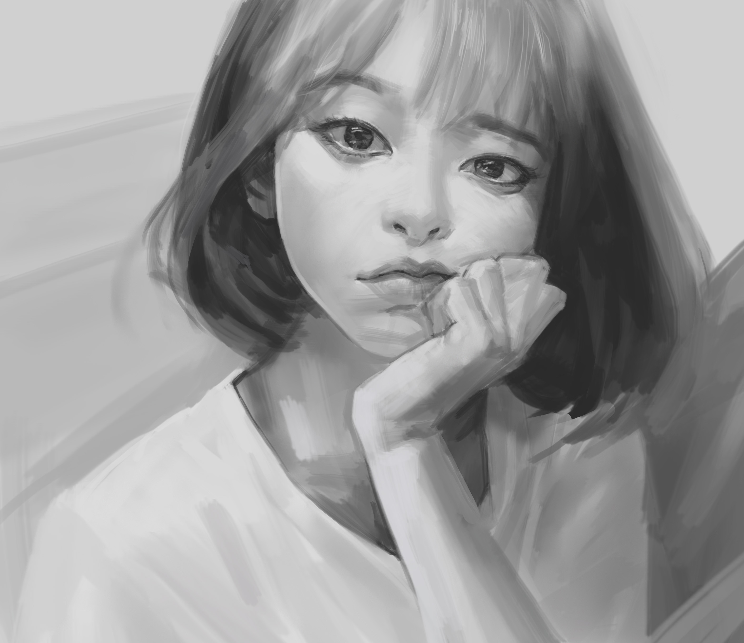 ben lo, original, absurdres, highres, 1girl, aegyo sal, black eyes, black hair, bob cut, grey shirt, greyscale, hand on own chin, head tilt, looking at viewer, monochrome, painterly, shirt, short hair, solo, upper body