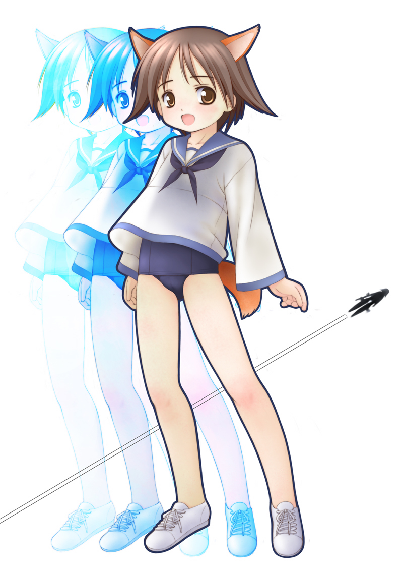 kusunoki masashige, miyafuji yoshika, strike witches, world witches series, 00s, 1girl, afterimage, animal ears, brown eyes, brown hair, female focus, no pants, one-piece swimsuit, school swimsuit, school uniform, serafuku, short hair, solo, swimsuit, swimsuit under clothes, tail