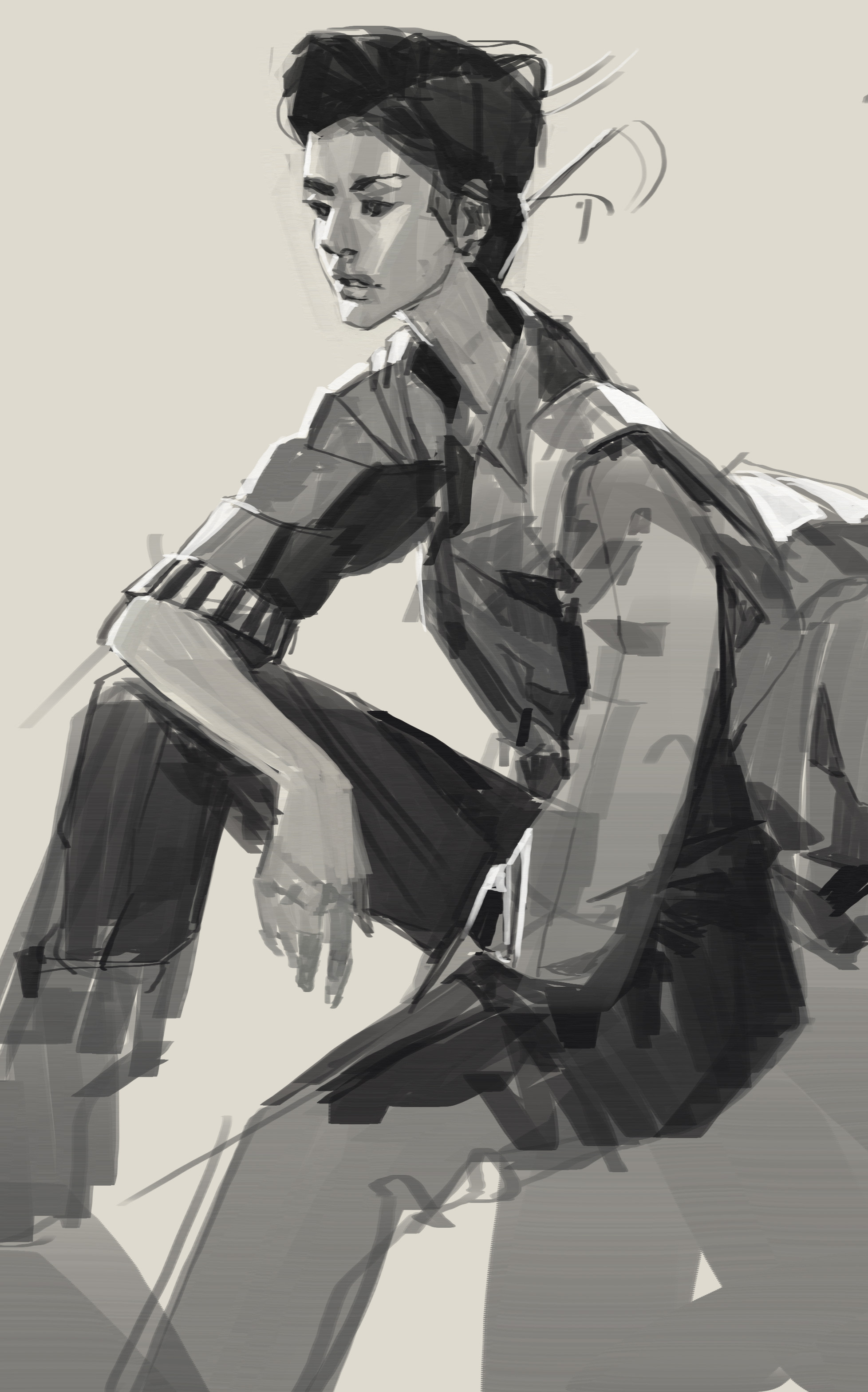 ben lo, original, absurdres, highres, 1girl, backpack, bag, black eyes, black hair, elbows on knees, feet out of frame, greyscale, hair slicked back, monochrome, painterly, parted lips, serious, sitting, sleeves rolled up, solo, vest