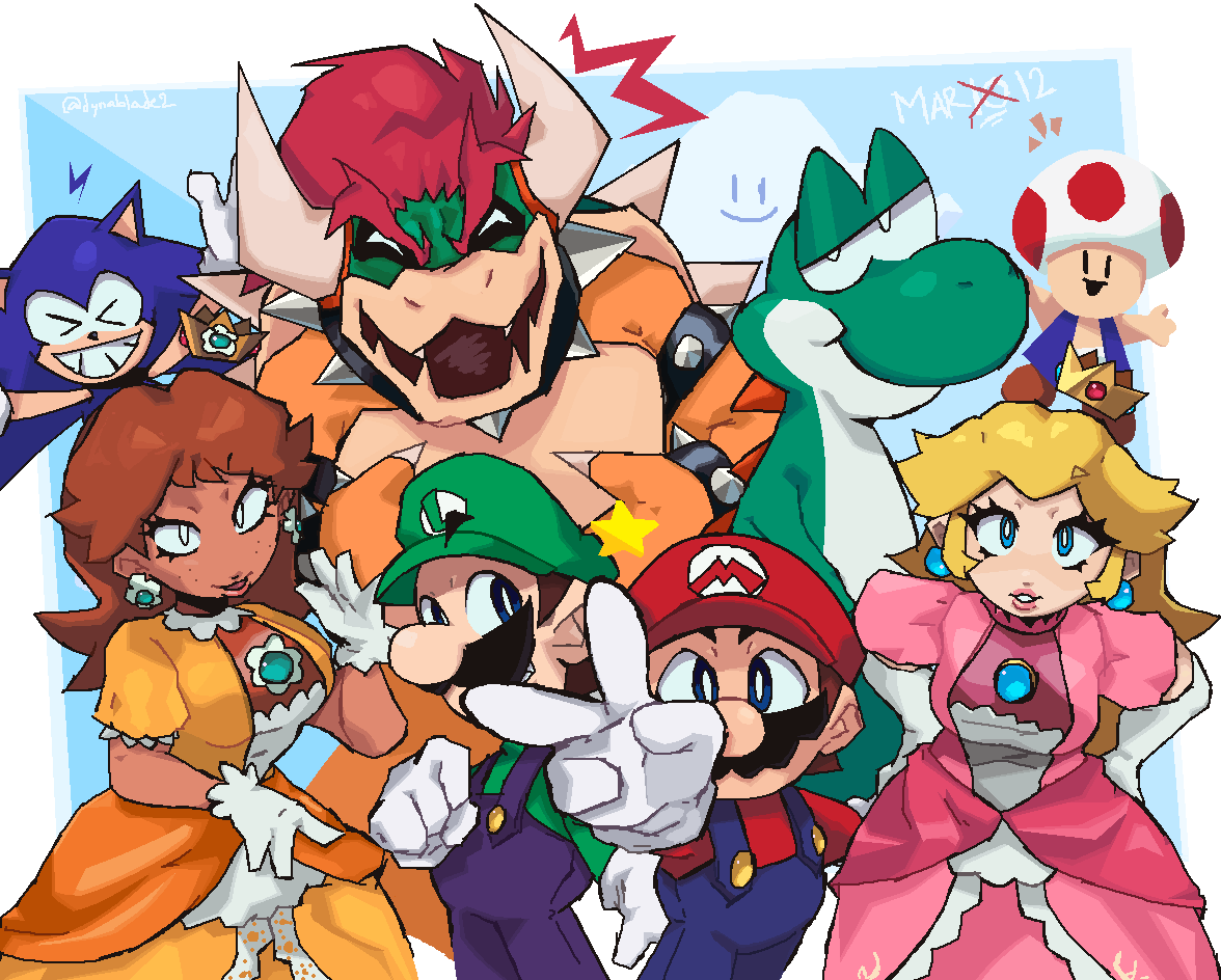 dynablade2, bowser, luigi, mario, princess daisy, princess peach, sonic the hedgehog, toad (mario), yoshi, mario (series), nintendo, sega, sonic (series), blonde hair, blue eyes, brown hair, claws, crown, dinosaur, dress, facial hair, fangs, gloves, hat, hedgehog, horns, mushroom on head, mustache, overalls, princess, turtle, v
