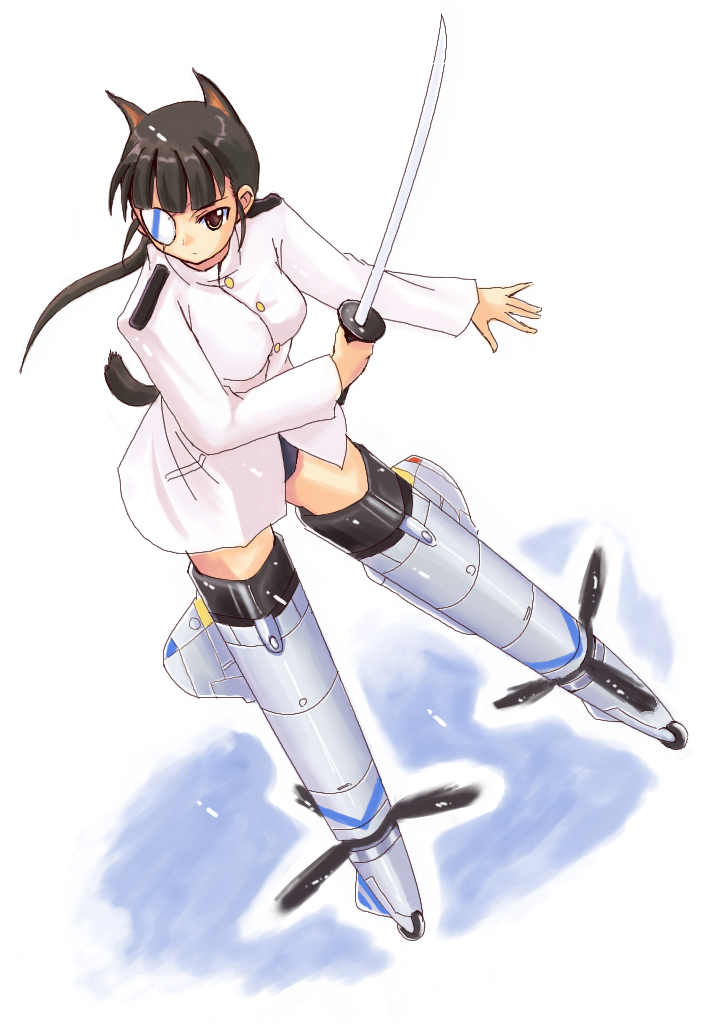 pikachi, sakamoto mio, strike witches, world witches series, 00s, 1girl, animal ears, eyepatch, female focus, holding, holding sword, holding weapon, solo, striker unit, swimsuit, swimsuit under clothes, sword, weapon