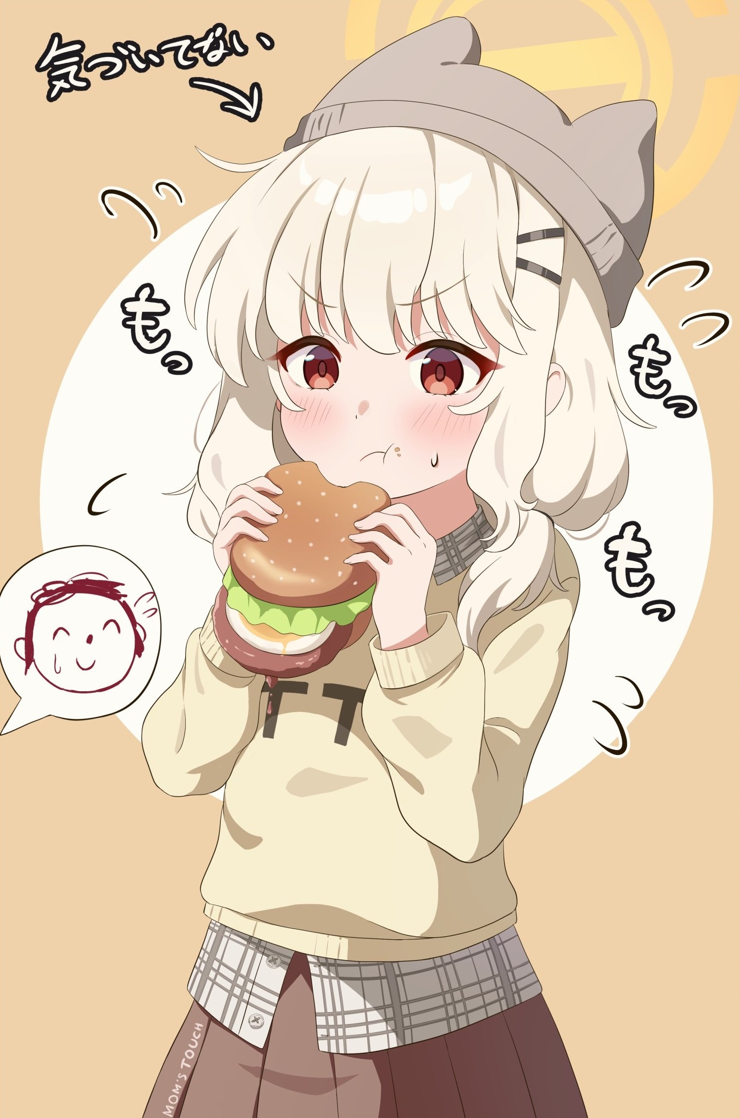 itaba atsushi, aoba (blue archive), aoba (mom's touch) (blue archive), doodle sensei (blue archive), sensei (blue archive), blue archive, fluffy hair, highres, 1girl, beanie, blush, brown skirt, burger, burger malfunction, dropped food, eating, food, grey hat, hair ornament, hairclip, halo, hat, holding, holding burger, holding food, long hair, official alternate costume, orange halo, parallel hairclips, plaid clothes, plaid shirt, shirt, skirt, solo focus, sweater, yellow halo, yellow sweater