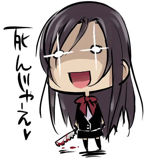 kyo (kuroichigo), katsura kotonoha, school days, translated, + +, 00s, 1girl, black hair, blood, bow, chibi, female focus, japanese saw, red bow, saw, school uniform, serafuku, solo, weapon, yandere