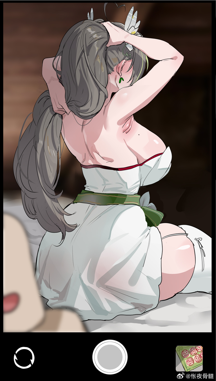 kuook, mingqian nailyu, indie virtual youtuber, highres, 1girl, adjusting hair, aftersex, armpits, arms up, ass, back, bare back, bare shoulders, bed, blush, breasts, dress, ear blush, earrings, grey hair, jewelry, large breasts, long hair, mole, mole on breast, multicolored hair, see-through clothes, see-through dress, selfie, shiny skin, sitting, solo focus, strapless, strapless dress, thick thighs, thighhighs, thighs, white thighhighs
