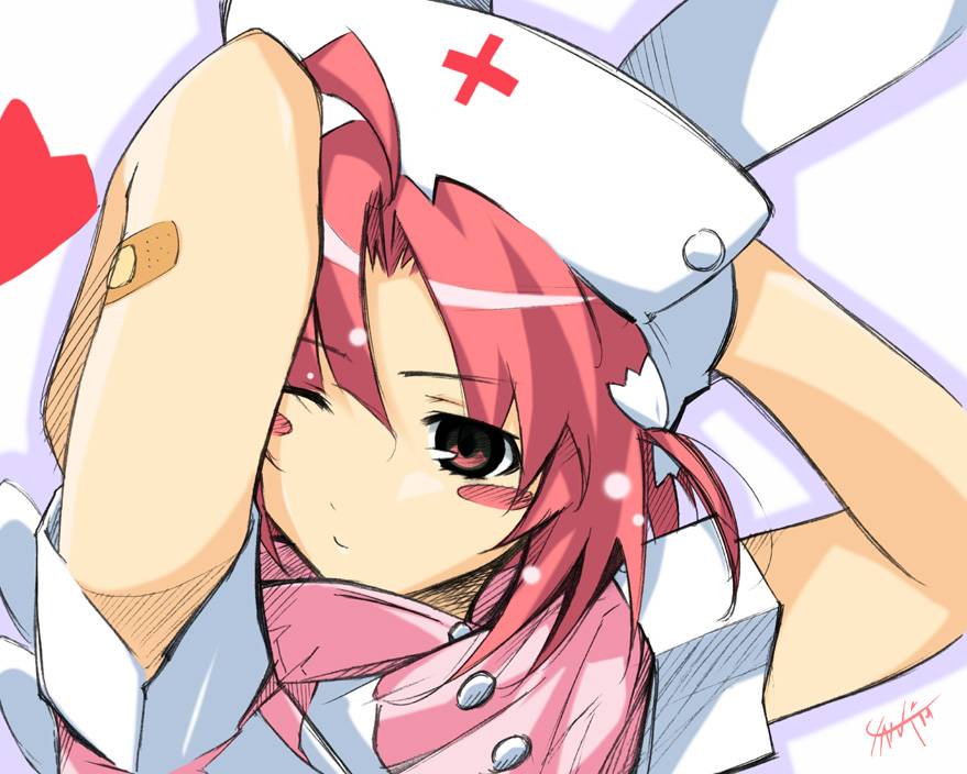 watanabe akio, nakahara komugi, nurse witch komugi-chan, 00s, 1girl, animal ears, bandaid, bandaid on arm, blush stickers, female focus, hat, nurse, nurse cap, one eye closed, pink eyes, pink hair, rabbit ears, short sleeves, sketch, solo, upper body