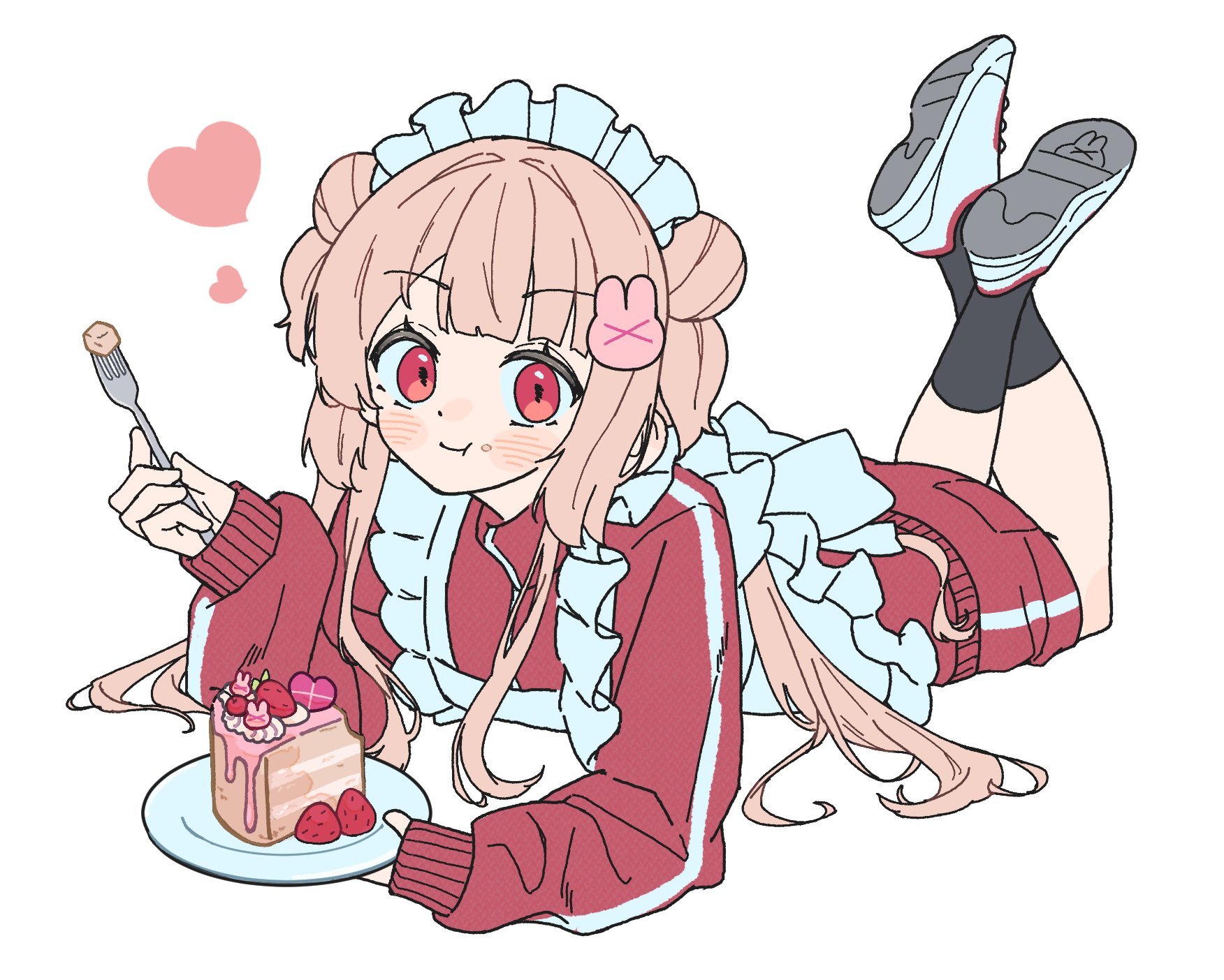 nobu-k, natori sana, sana channel, highres, 1girl, cake, cake slice, double bun, food, food on face, fork, hair bun, holding, holding fork, jersey maid, legs up, long hair, lying, maid, natori sana (jersey maid), on stomach, solo, strawberry shortcake, unconventional maid