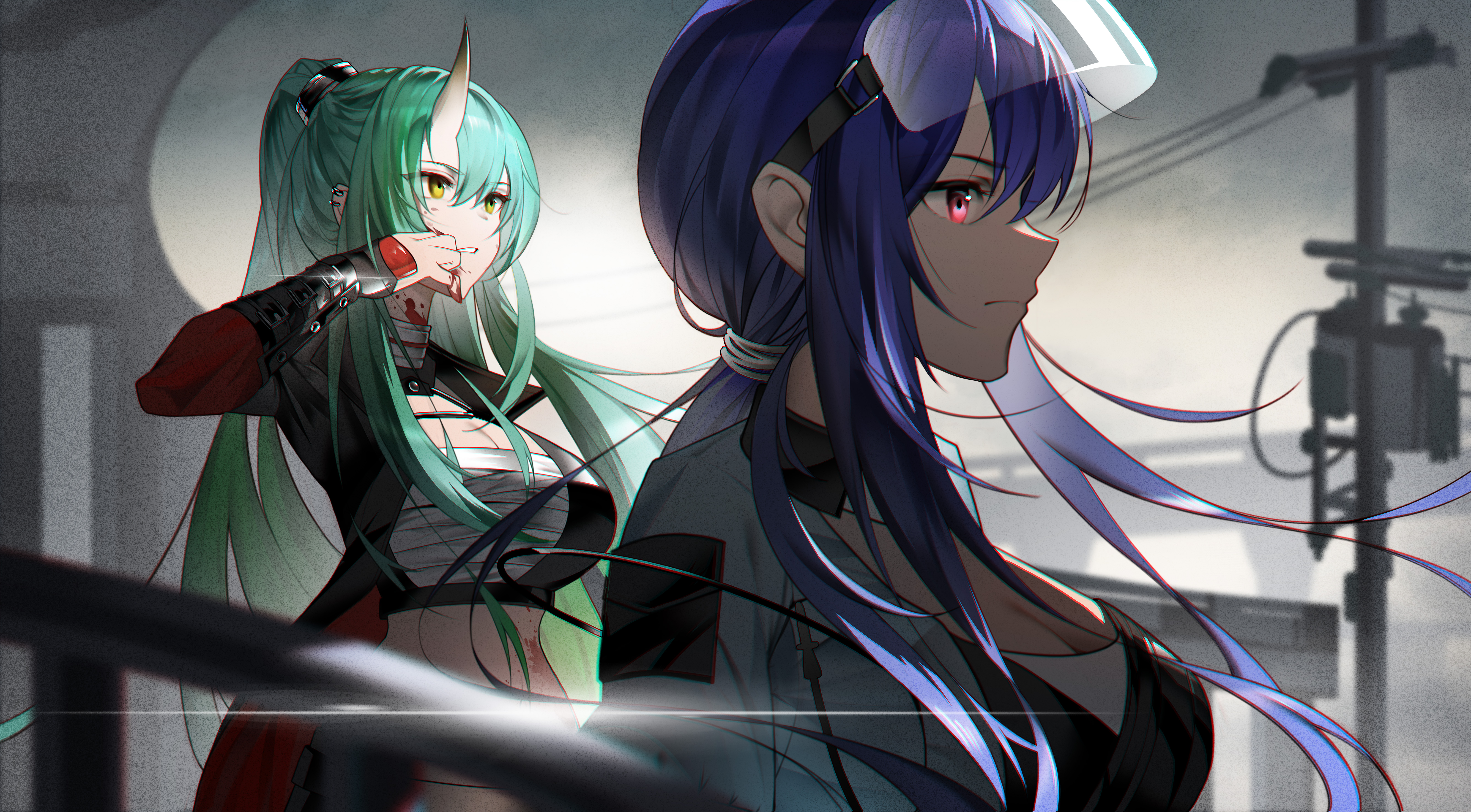 ch'en (arknights), ch'en the holungday (arknights), ch'en the holungday (holiday) (arknights), hoshiguma (arknights), hoshiguma the breacher (arknights), arknights, absurdres, chinese commentary, commentary request, highres, 2girls, bandaged chest, bandaged neck, bandages, blood, blood on face, breasts, cleavage, closed mouth, cowboy shot, from side, green hair, hair between eyes, horns, injury, large breasts, long hair, multiple girls, official alternate costume, parted lips, red eyes, sidelocks, single horn, upper body, yellow eyes, ztianyoshino