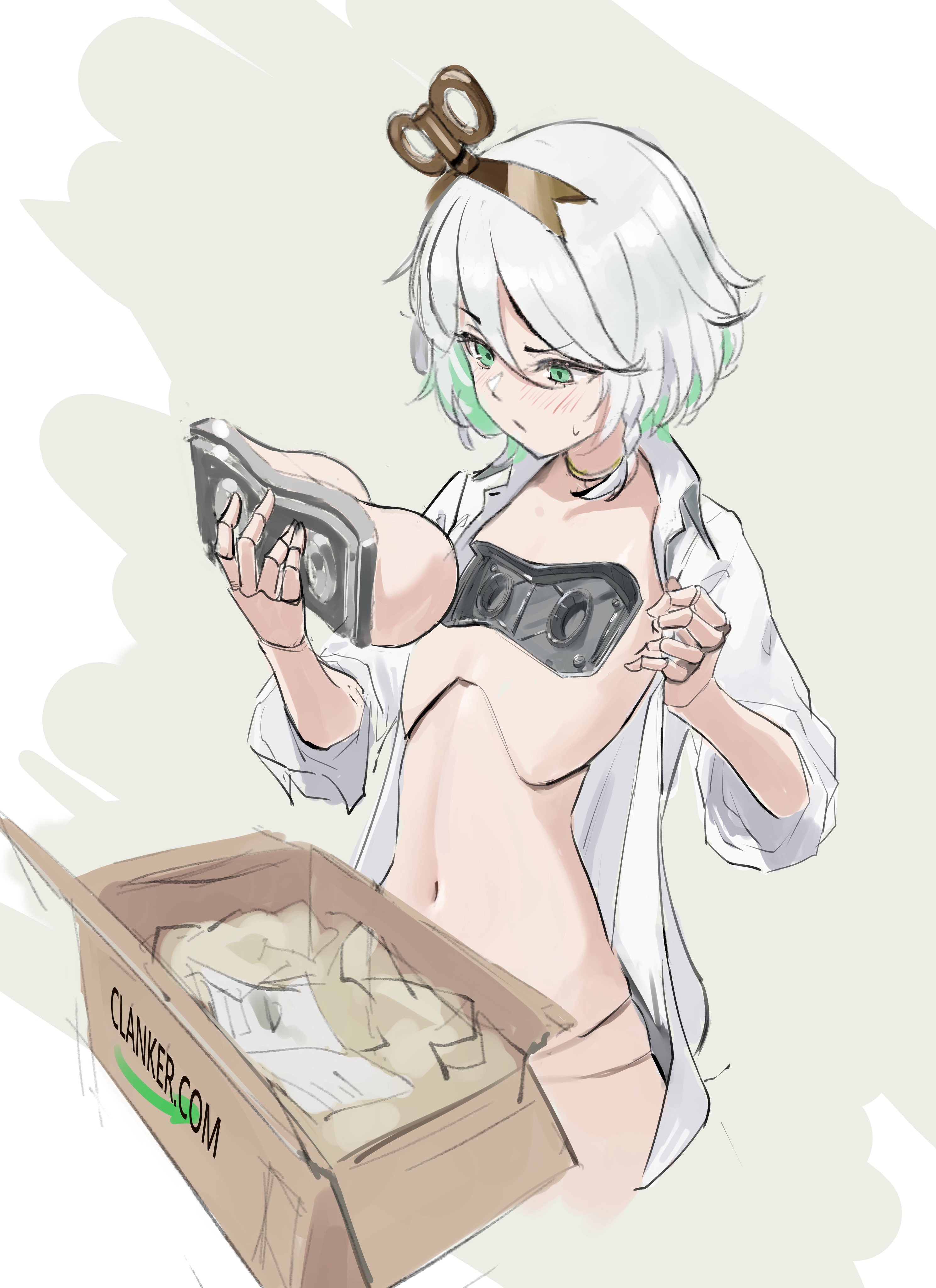 bluehead white dragon, cecilia immergreen, hololive, hololive english, absurdres, commentary, english commentary, highres, 1girl, :/, assembling, blush, box, breasts, cardboard box, closed mouth, collared shirt, colored inner hair, doll joints, dress shirt, green eyes, green hair, holding, joints, multicolored hair, naked shirt, navel, open clothes, open shirt, raised eyebrow, shirt, short hair, sleeves rolled up, small sweatdrop, solo, two-tone hair, virtual youtuber, white hair, white shirt, winding key