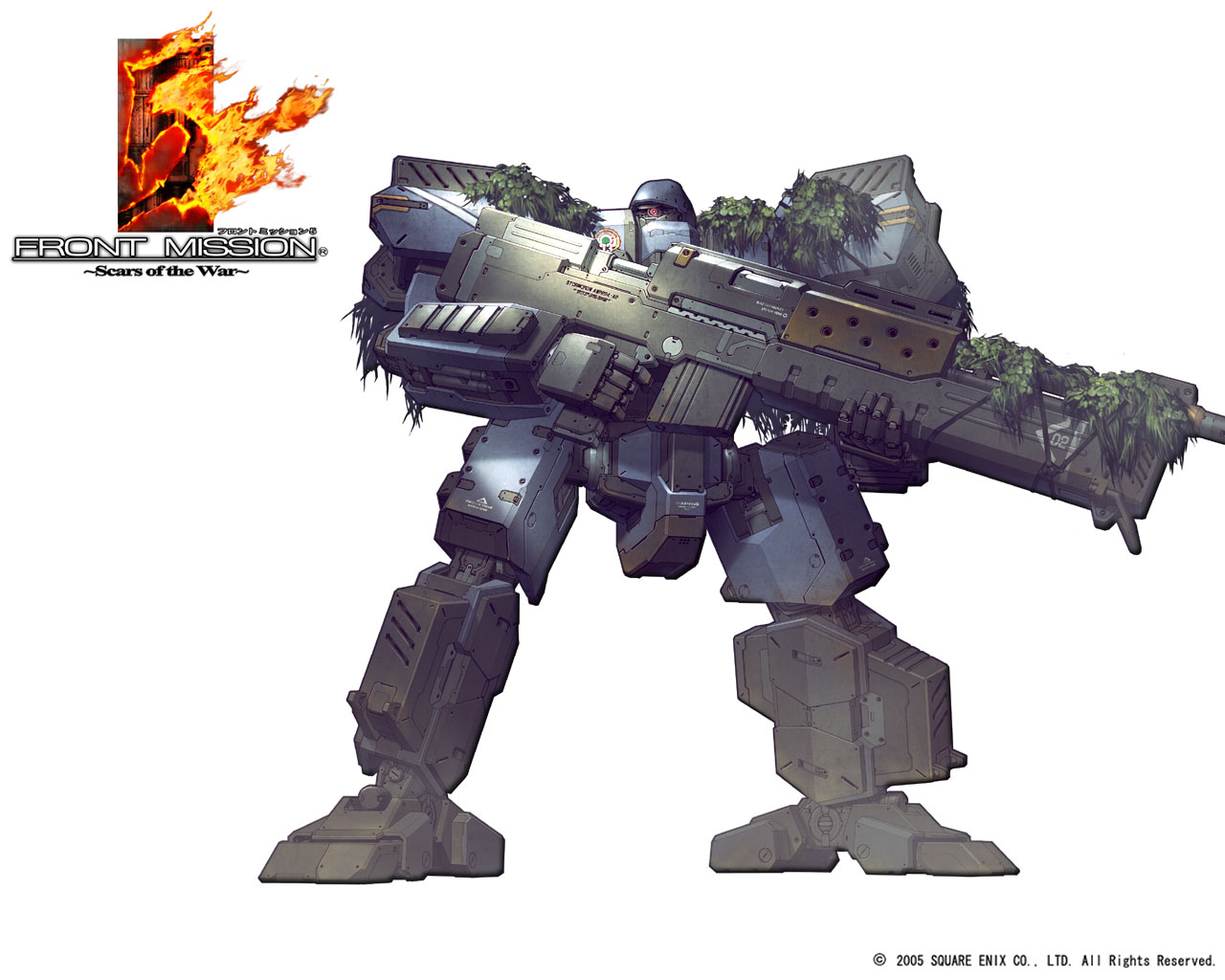front mission, front mission 5, official art, camouflage, gun, mecha, no humans, rifle, robot, solo, weapon