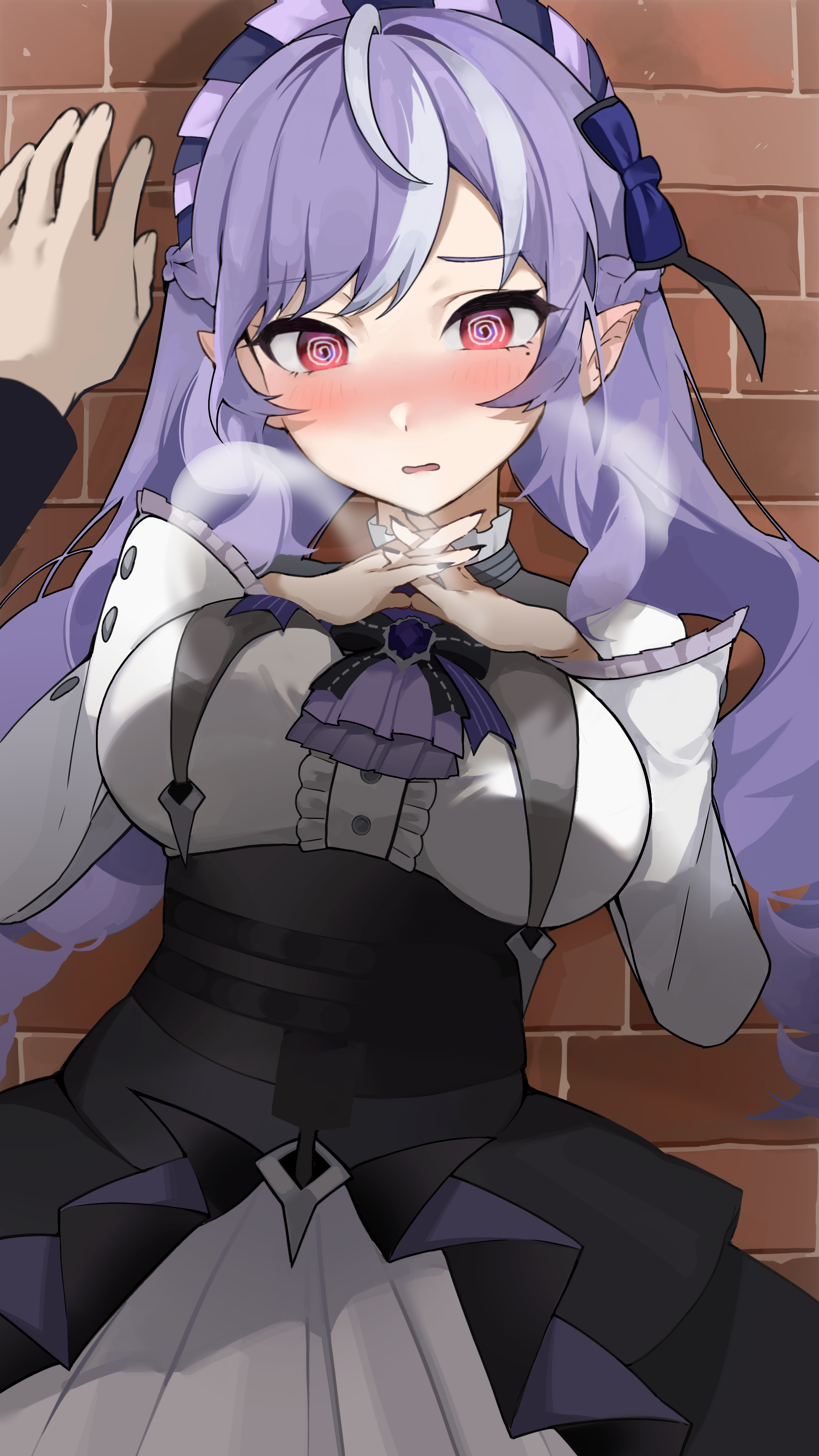 vivian banshee, zenless zone zero, absurdres, highres, 1girl, @ @, ascot, black nails, blush, breasts, brick wall, center frills, dress, fingernails, frills, gem, hairband, heavy breathing, interlocked fingers, kabedon, long hair, long sleeves, looking at viewer, mole, mole under eye, own hands together, pointy ears, pov, purple ascot, purple gemstone, purple hair, purple hairband, rahi (nathu1582), red eyes, solo focus