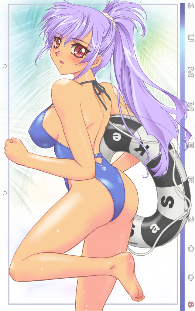 r1, original, non-web source, 1girl, arche de noe, ass, back, barefoot, breasts, feet, female focus, innertube, long hair, looking back, one-piece swimsuit, pink eyes, ponytail, purple hair, shiny clothes, solo, swim ring, swimsuit