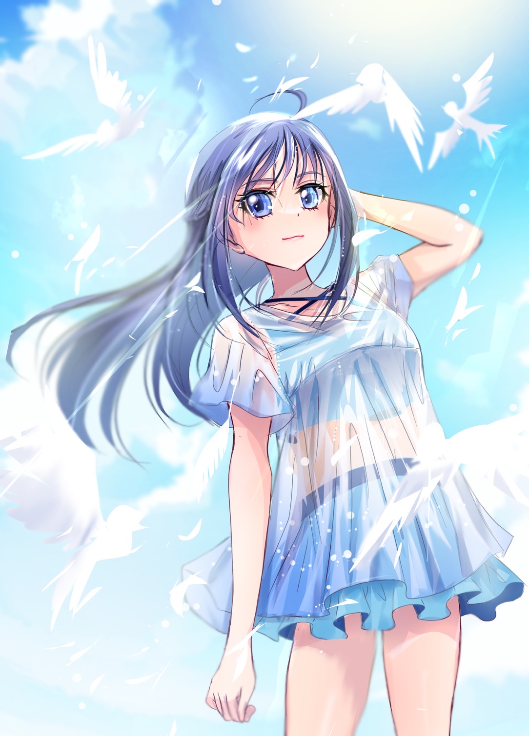 manekineko5319, hishikawa rikka, dokidoki! precure, precure, highres, bikini, bikini skirt, bird, blue bikini, blue eyes, blue hair, blue sky, blush, cloud, cloudy sky, cowboy shot, day, long hair, outdoors, see-through clothes, see-through shirt, shirt, sky, sun, swimsuit