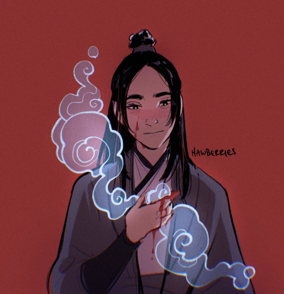 hawberries, jin guangyao, modao zushi, alt text, commentary, english commentary, 1boy, artist name, black eyes, black hair, blood, blood on face, blood on hands, chinese clothes, closed mouth, cloud, film grain, glowing, grey hanfu, hair bun, implied yaoi, long hair, long sleeves, male focus, red background, simple background, single hair bun, solo, topknot, upper body, xiangyun, yellow pupils
