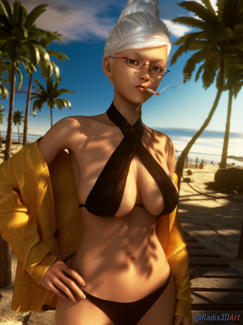 ayase seiko, dandadan, highres, self-upload, 3d, beach, bikini, breasts, cigarette, glasses, large breasts, mature female, radix3dart, sky, smoking, swimsuit