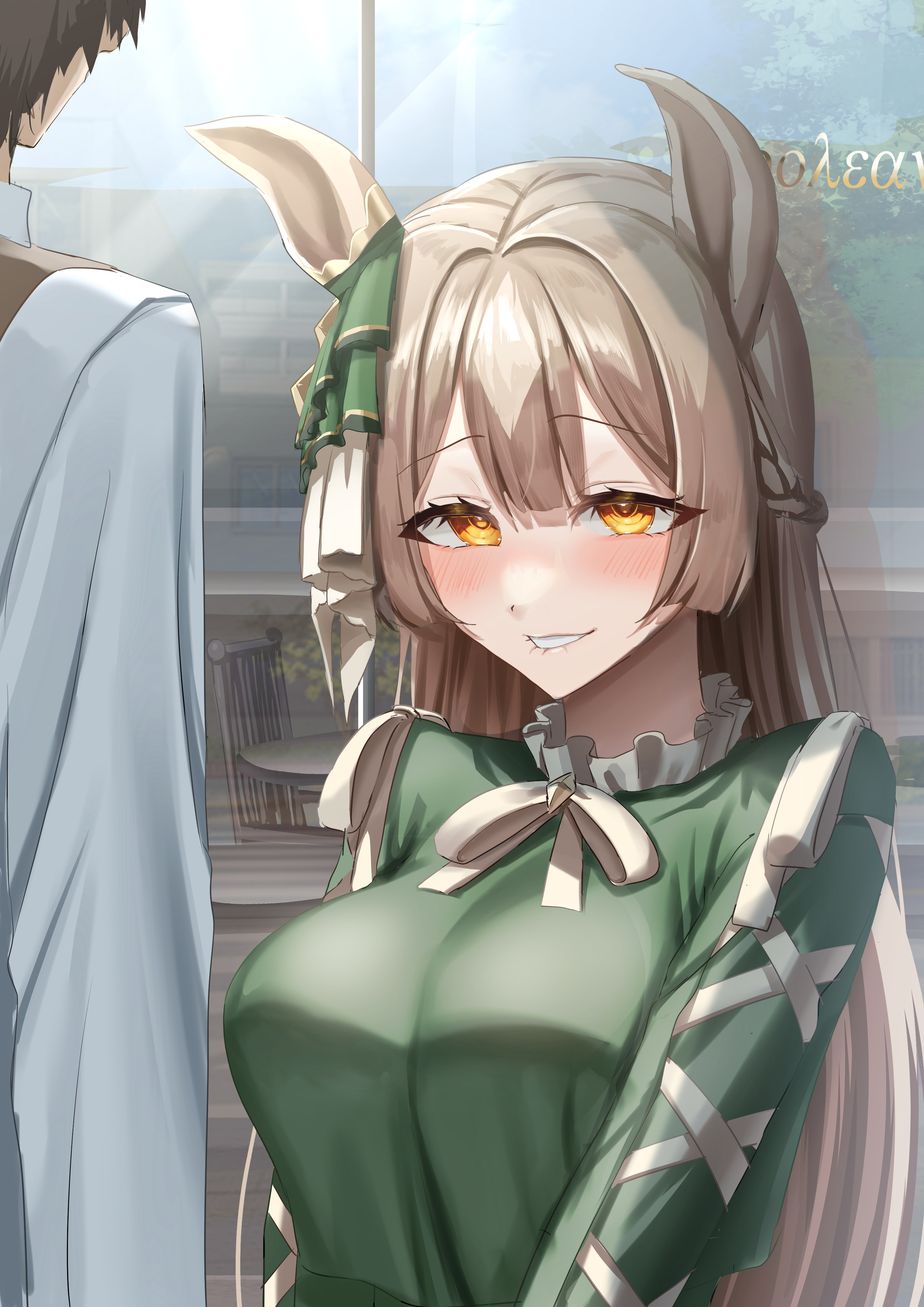 ooeyama, satono diamond (umamusume), trainer (umamusume), umamusume, absurdres, highres, 1boy, 1girl, animal ears, biting own lip, blush, bow, braid, breasts, brown eyes, brown hair, double-parted bangs, ear ribbon, hair between eyes, half up braid, half updo, horse ears, horse girl, large breasts, long hair, long sleeves, multicolored hair