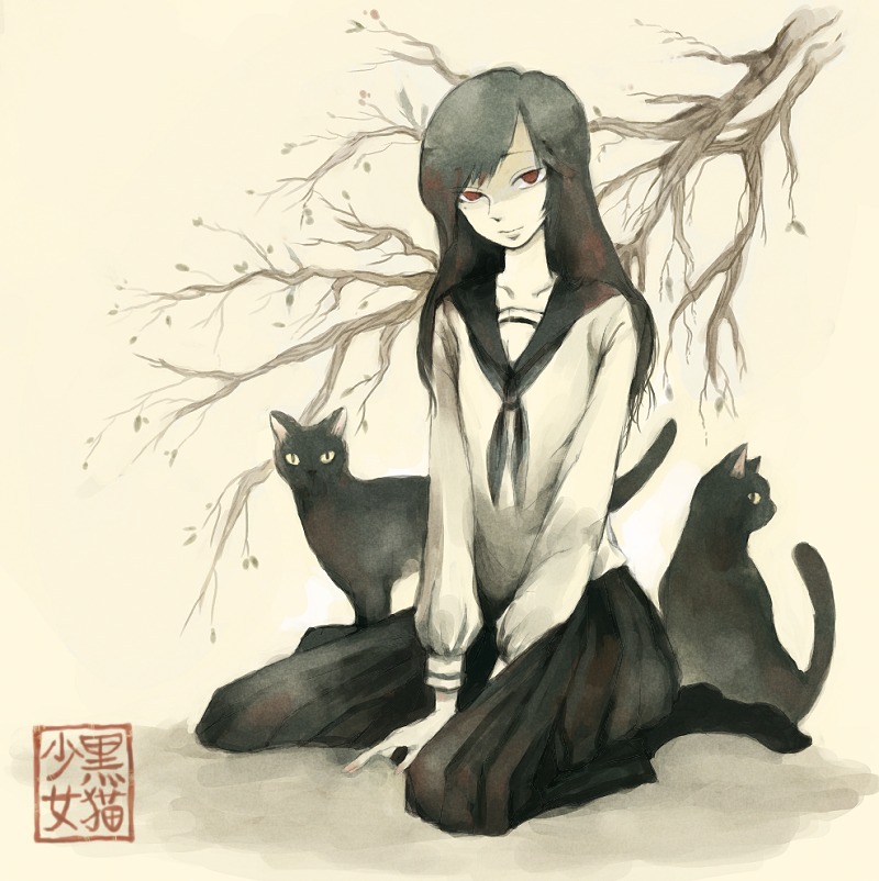 ron (mosamosa), bad id, bad pixiv id, black hair, cat, red eyes, school uniform, serafuku, sitting, solo, tree