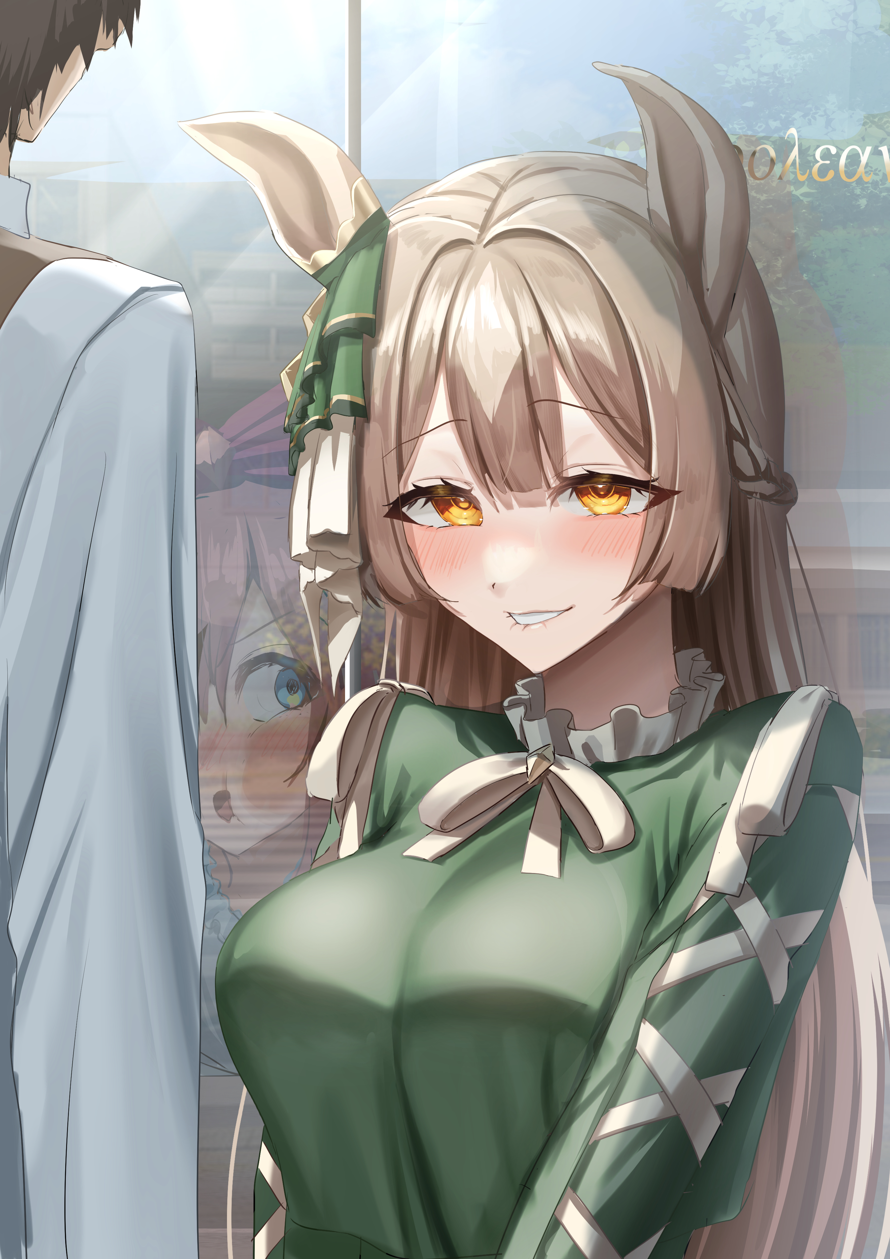ooeyama, agnes digital (umamusume), satono diamond (umamusume), trainer (umamusume), umamusume, absurdres, highres, 1boy, 2girls, against glass, animal ears, biting own lip, blue eyes, blush, bow, braid, breasts, brown eyes, brown hair, double-parted bangs, ear ribbon, hair between eyes, half up braid, half updo, horse ears, horse girl, large breasts, long hair, long sleeves, multicolored hair, multiple girls, open mouth, pink hair