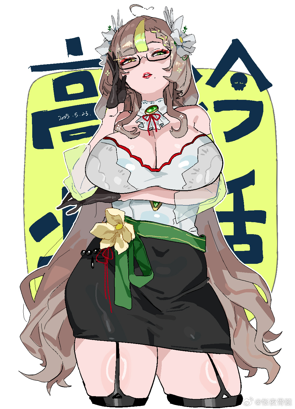 kuook, mingqian nailyu, indie virtual youtuber, highres, adjusting eyewear, ahoge, arm under breasts, black gloves, black skirt, breasts, brown hair, cleavage, eyeshadow, flower, glasses, gloves, hair flower, hair ornament, half-closed eyes, jewelry, long hair, looking at viewer, makeup, mature female, mole, mole under eye, mole under mouth, multicolored hair, parted lips, pencil skirt, red eyeshadow, red lips, shiny skin, skirt, thighhighs, upper body, zettai ryouiki