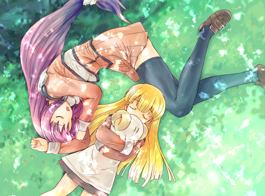 2girls, blonde hair, closed eyes, dappled sunlight, dress, long hair, lying, multiple girls, open mouth, pink hair, skirt, sleeping, stuffed animal, stuffed toy, sunlight, thighhighs, zettai ryouiki