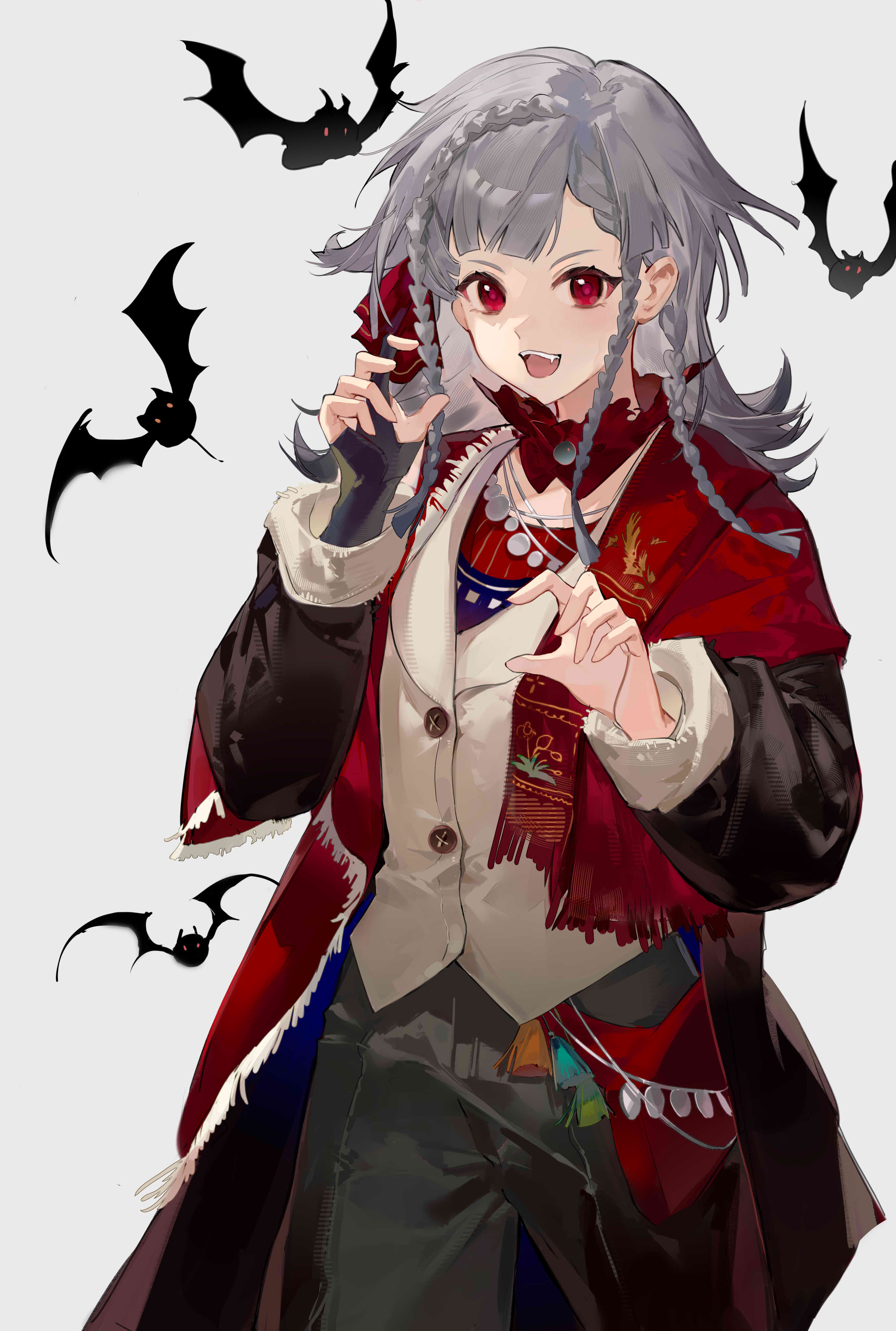 meiyou lizhi, rubuska, reverse:1999, absurdres, highres, 1girl, :d, bat (animal), black coat, black gloves, black pants, claw pose, coat, cowboy shot, fangs, fingerless gloves, gloves, grey hair, hands up, jacket, medium hair, open mouth, pants, quad braids, red eyes, red scarf, scarf, single glove, smile, solo, white background, white jacket