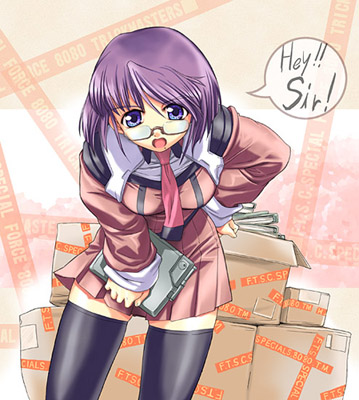lowres, 1girl, box, cardboard box, female focus, glasses, necktie, skirt, solo, thighhighs, zettai ryouiki