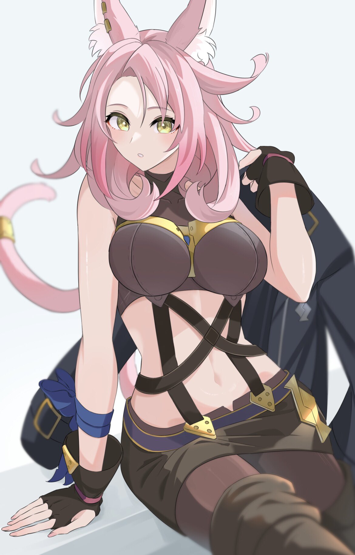 heichi, tri-brigade ferrijit the barren blossom, yu-gi-oh!, highres, 1girl, animal ear fluff, animal ears, black gloves, black pantyhose, black skirt, blue ribbon, blurry, blurry background, blush, breasts, cat ears, cat girl, cat tail, crop top, duel monster, fingernails, gloves, grey background, hair between eyes, holding, holding unworn jacket, large breasts, long hair, looking at viewer, navel, pantyhose, parted lips, pink hair, ribbon, shirt, skirt, sleeveless, sleeveless shirt, solo, stomach, tail, yellow eyes