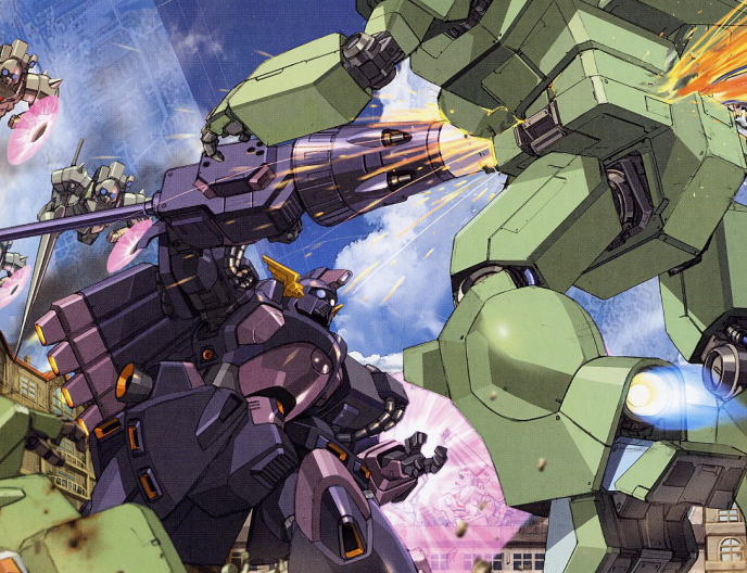 kenki fujioka, berga giros, den'an zon, f71 g-cannon, jegan, gundam, gundam f91, 1990s (style), battle, beam shield, crossbone vanguard, lance, mecha, mecha focus, no humans, polearm, retro artstyle, robot, shield, spear, war, weapon