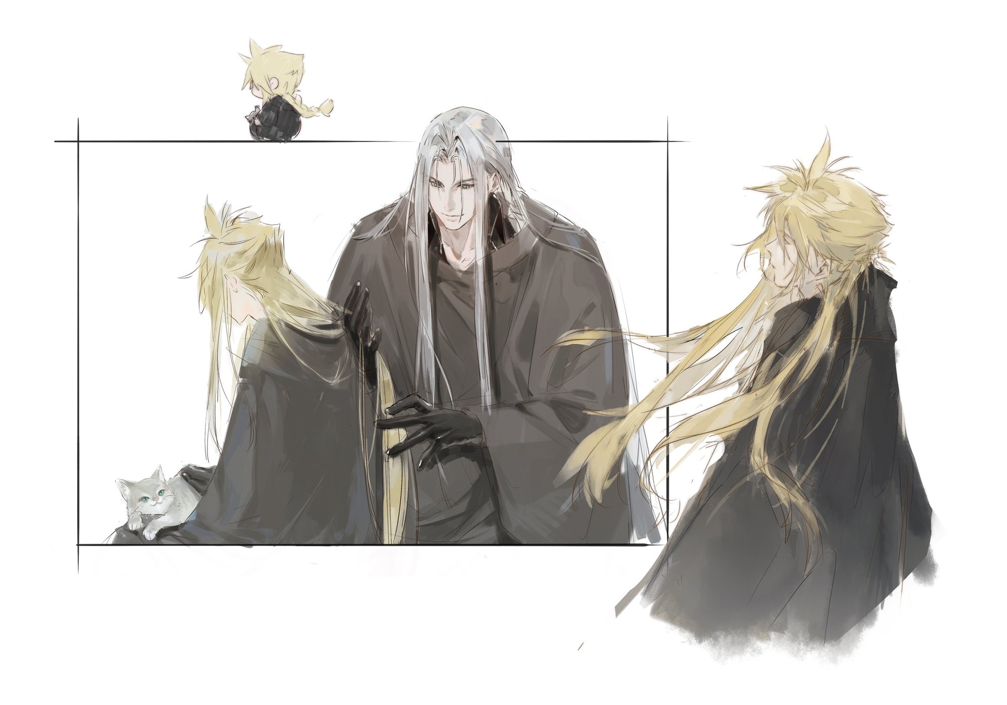 lydiaaa, cloud strife, sephiroth, final fantasy, final fantasy vii, final fantasy vii remake, hashtag-only commentary, highres, alternate costume, alternate hairstyle, alternate universe, animal, black gloves, black robe, blonde hair, braid, cat, chibi, cropped torso, facing away, facing to the side, gloves, green eyes, grey fur, grey hair, hair intakes, holding another's hair, long bangs, long hair, long sleeves, looking at another, looking down, on lap, parted bangs, petting, robe, single braid, sitting, slit pupils, smile, spiked hair, very long hair, white background, wind