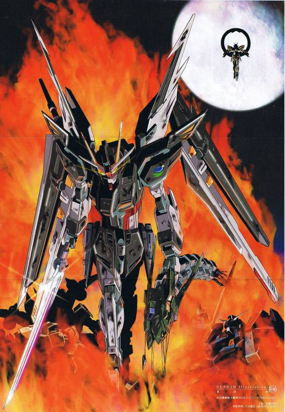 gundam stargazer, strike noir, gundam, gundam seed, gundam seed c.e. 73: stargazer, official art, scan, 00s, fire, mecha, moon, robot