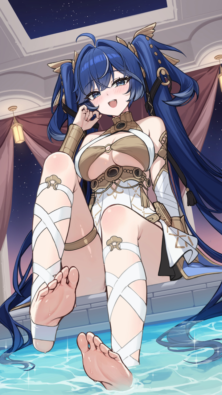 yuxian youka, iuno (wuthering waves), wuthering waves, highres, variant set, 1girl, :d, ahoge, armlet, bare shoulders, blue eyes, blue hair, blush, breasts, dutch angle, feet, from below, gold bra, hair belt, hair intakes, hand up, head wreath, jewelry, leg wrap, looking at viewer, looking down, medium breasts, missing commentary, multicolored hair, open mouth, sitting, smile, solo, streaked hair, thighlet, thighs, toes, twintails, underboob