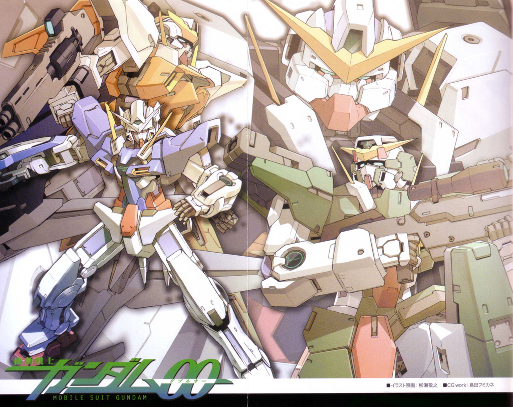 shimada fumikane, yanase takayuki, dynames, exia, gundam dynames, gundam exia, gundam kyrios, gundam virtue, kyrios, virtue, gundam, gundam 00, artist collaboration, artist request, scan, scan artifacts, 00s, gun, mecha, no humans, rifle, robot, sniper rifle, text focus, weapon