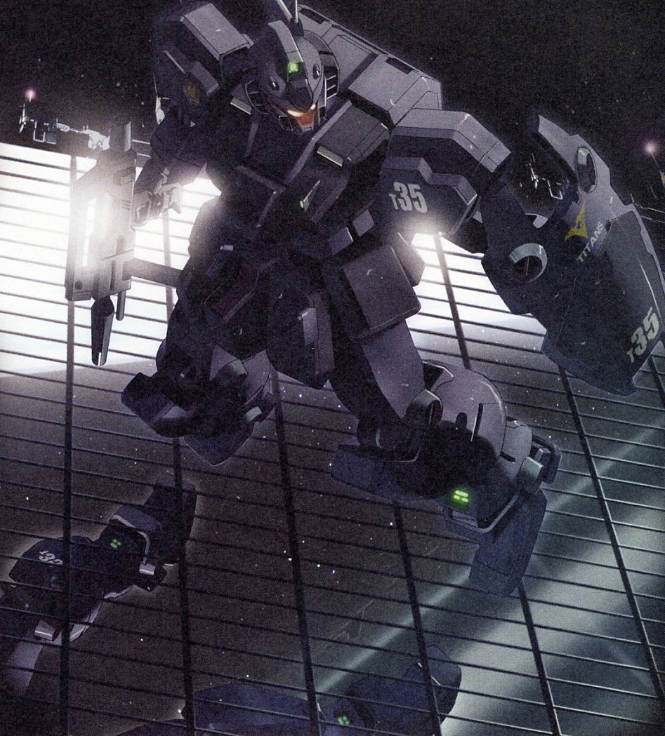 kenki fujioka, gm quel, gundam, zeta gundam, beam rifle, building, energy gun, glass, gun, mecha, no humans, robot, shield, space habitat, weapon