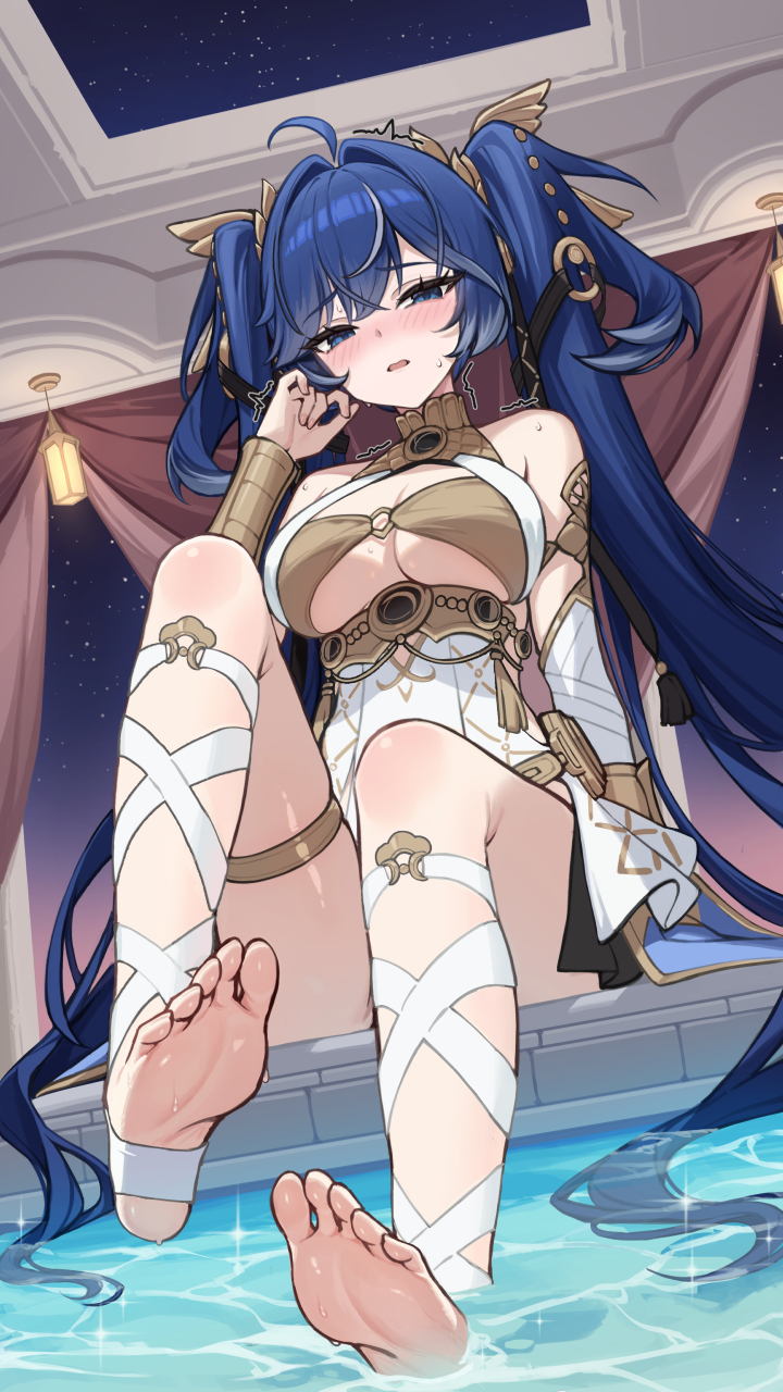 yuxian youka, iuno (wuthering waves), wuthering waves, highres, variant set, 1girl, ahoge, armlet, bare shoulders, blue eyes, blue hair, blush, breasts, dutch angle, feet, from below, gold bra, hair belt, hair intakes, half-closed eyes, hand up, head wreath, jewelry, leg wrap, looking at viewer, looking down, medium breasts, missing commentary, multicolored hair, parted lips, sitting, solo, streaked hair, thighlet, thighs, toes, trembling, twintails, underboob