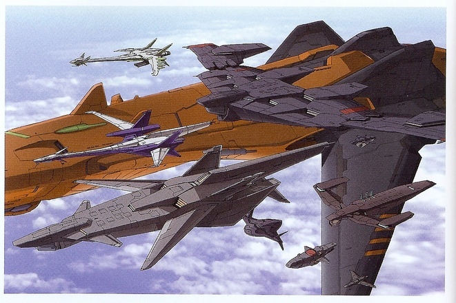 eureka seven, eureka seven (series), jet, 00s, aircraft, airplane, cloud, day, flying, machinery, no humans, outdoors, ship, sky, spacecraft, vehicle focus, watercraft