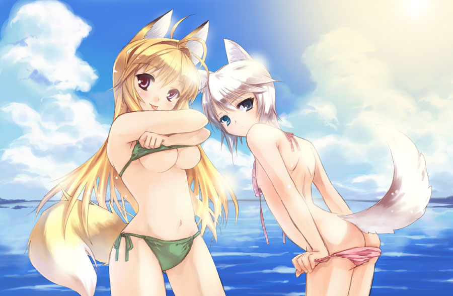 binzoko megane (san-inch), yumeno mikan, ezomori nozomu, minamoto chizuru, kanokon, silver hair, 00s, 2girls, :p, animal ears, ass, bikini, bikini pull, blonde hair, blue eyes, breasts, clothes pull, day, fox ears, medium breasts, multiple girls, ocean, red eyes, side-tie bikini bottom, small breasts, swimsuit, tail, tongue, tongue out, underboob, undressing, untied bikini, water, wolf ears