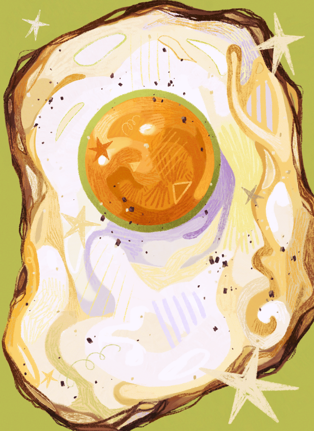 quezify, original, commentary, english commentary, highres, analogous colors, breakfast, close-up, egg, egg (food), egg yolk, film grain, food, food focus, fried egg, green background, hatching (texture), no humans, pepper (spice), simple background, sparkle, squiggle, star (symbol), still life, warm colored