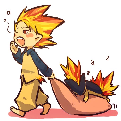 hitec, quilava, moemon, nintendo, pokemon, pokemon gsc, 1990s (style), 1boy, barefoot, blush stickers, child, creature and personification, dragging, fiery hair, fire, gen 2 pokemon, male focus, one eye closed, open mouth, orange hair, personification, pillow, pokemon (creature), red eyes, retro artstyle, sleeping, tears, wink, yawning, zzz