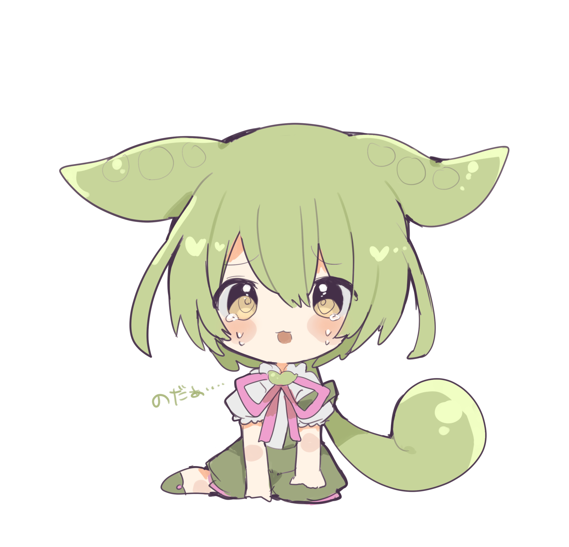 ovoip, zundamon, voicevox, highres, 1girl, chibi, green hair, long hair, pink ribbon, ribbon, shirt, short sleeves, simple background, solo, white background, white shirt, yellow eyes