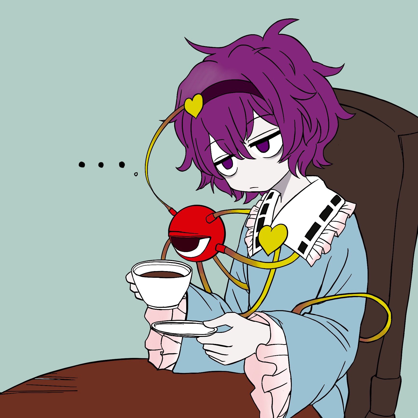 ryoan (voyagehermitage), komeiji satori, touhou, highres, …, 1girl, aqua background, blouse, blue shirt, chair, closed mouth, coffee mug, cup, frilled sleeves, frills, hair between eyes, hairband, holding, holding cup, holding saucer, long sleeves, medium hair, messy hair, mug, on chair, purple eyes, purple hair, purple hairband, saucer, shirt, simple background, sitting, solo, third eye, wide sleeves, wooden chair