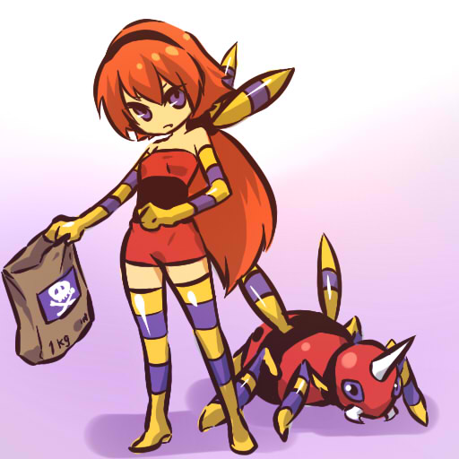 hitec, ariados, moemon, nintendo, pokemon, pokemon gsc, multicolored legwear, 1990s (style), 1girl, bag, bare shoulders, creature and personification, elbow gloves, gen 2 pokemon, gloves, long hair, personification, poison, pokemon (creature), purple eyes, purple thighhighs, red hair, retro artstyle, striped clothes, striped thighhighs, thighhighs, yellow thighhighs
