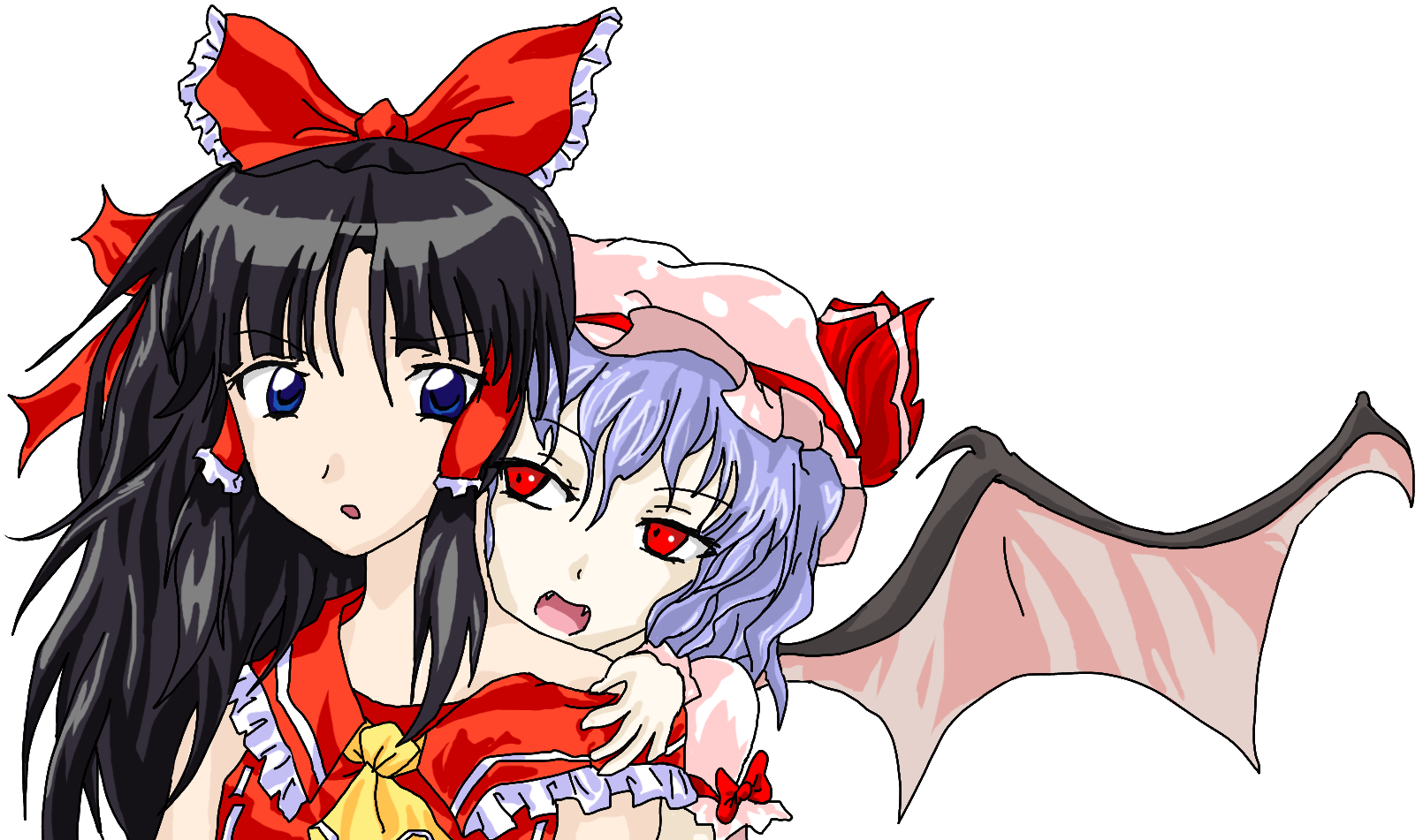 hakurei reimu, remilia scarlet, touhou, highres, 2girls, bat wings, black hair, blue eyes, blue hair, female focus, japanese clothes, miko, multiple girls, quality, red eyes, teeth, wings