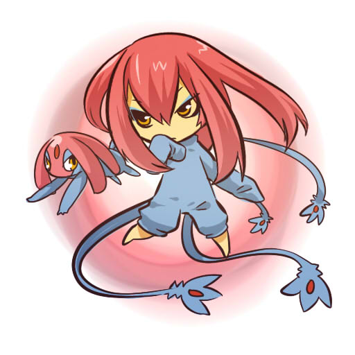 hitec, mesprit, moemon, nintendo, pokemon, pokemon dppt, 00s, 1girl, barefoot, costume, creature and personification, eyeshadow, gen 4 pokemon, hand to own mouth, legendary pokemon, long sleeves, makeup, personification, pink hair, pokemon (creature), red hair, sleeves past wrists, yellow eyes