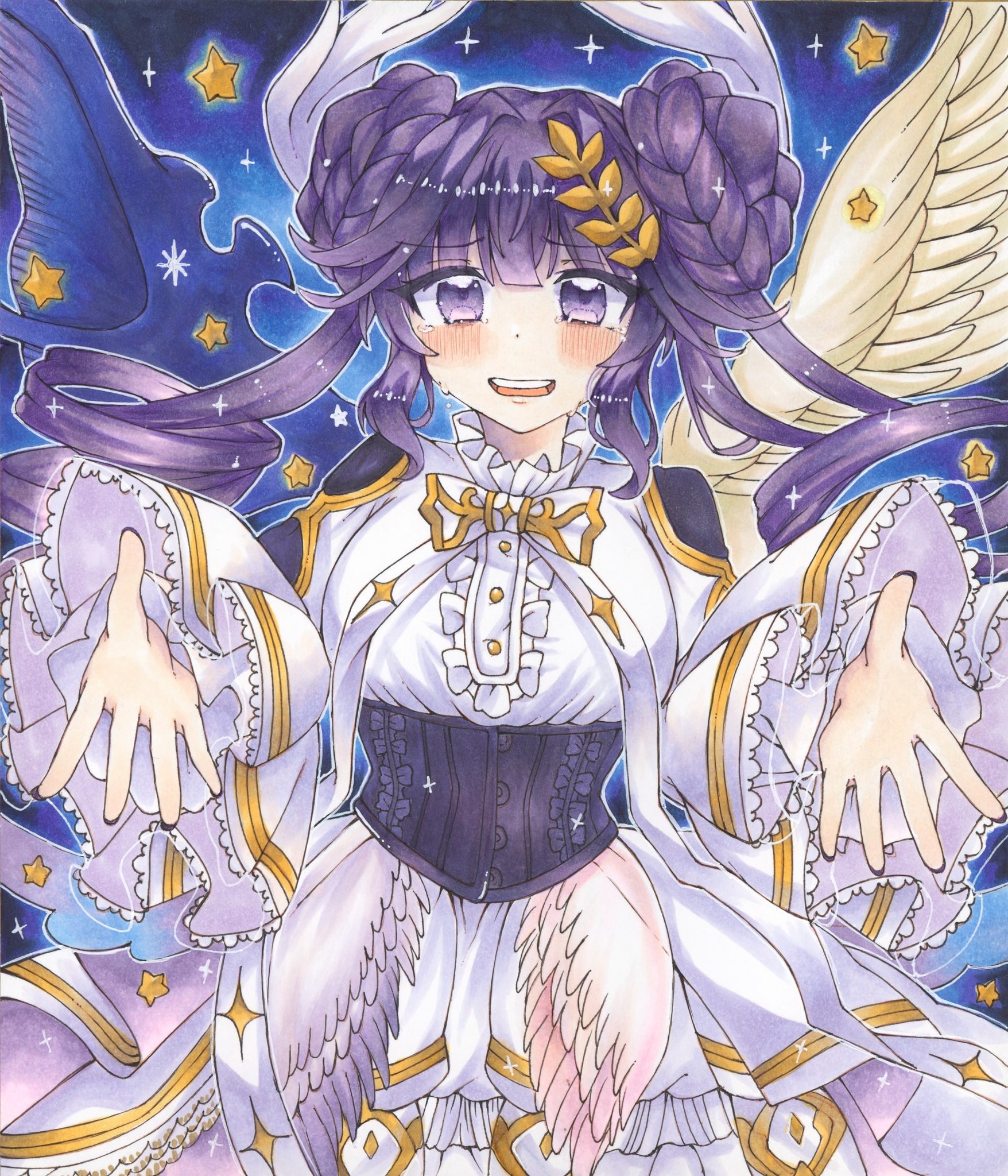 selettrice vaalmonica, varar vaalmonican concord, yu-gi-oh!, highres, 1girl, angel wings, black corset, blush, braid, braided bun, corset, demon wings, dress, duel monster, feathered wings, frilled dress, frills, hair bun, hair ornament, long hair, long sleeves, looking at viewer, low wings, multiple wings, open mouth, purple eyes, purple hair, reaching, reaching towards viewer, shiotsukiyurika, smile, solo, twin braids, twintails, very long hair, white dress, white wings, wide sleeves, wings