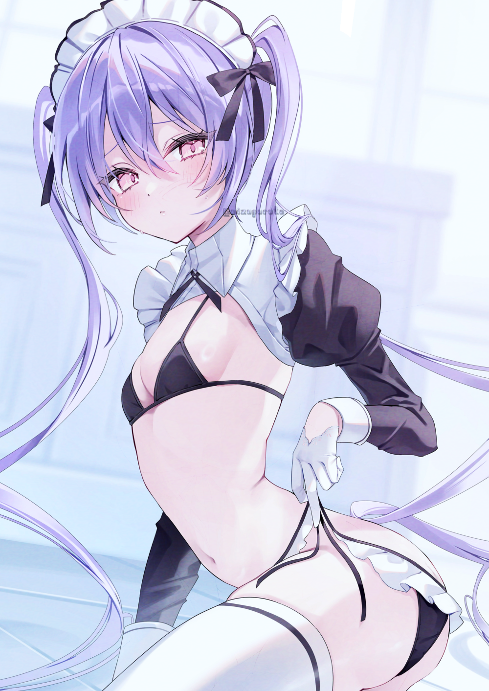 mizupuruta, original, commentary, highres, symbol-only commentary, 1girl, bikini, black bikini, breasts, gloves, long hair, looking at viewer, maid, maid headdress, purple hair, shrug (clothing), small breasts, solo, swimsuit, thighhighs, twintails, white gloves, white thighhighs