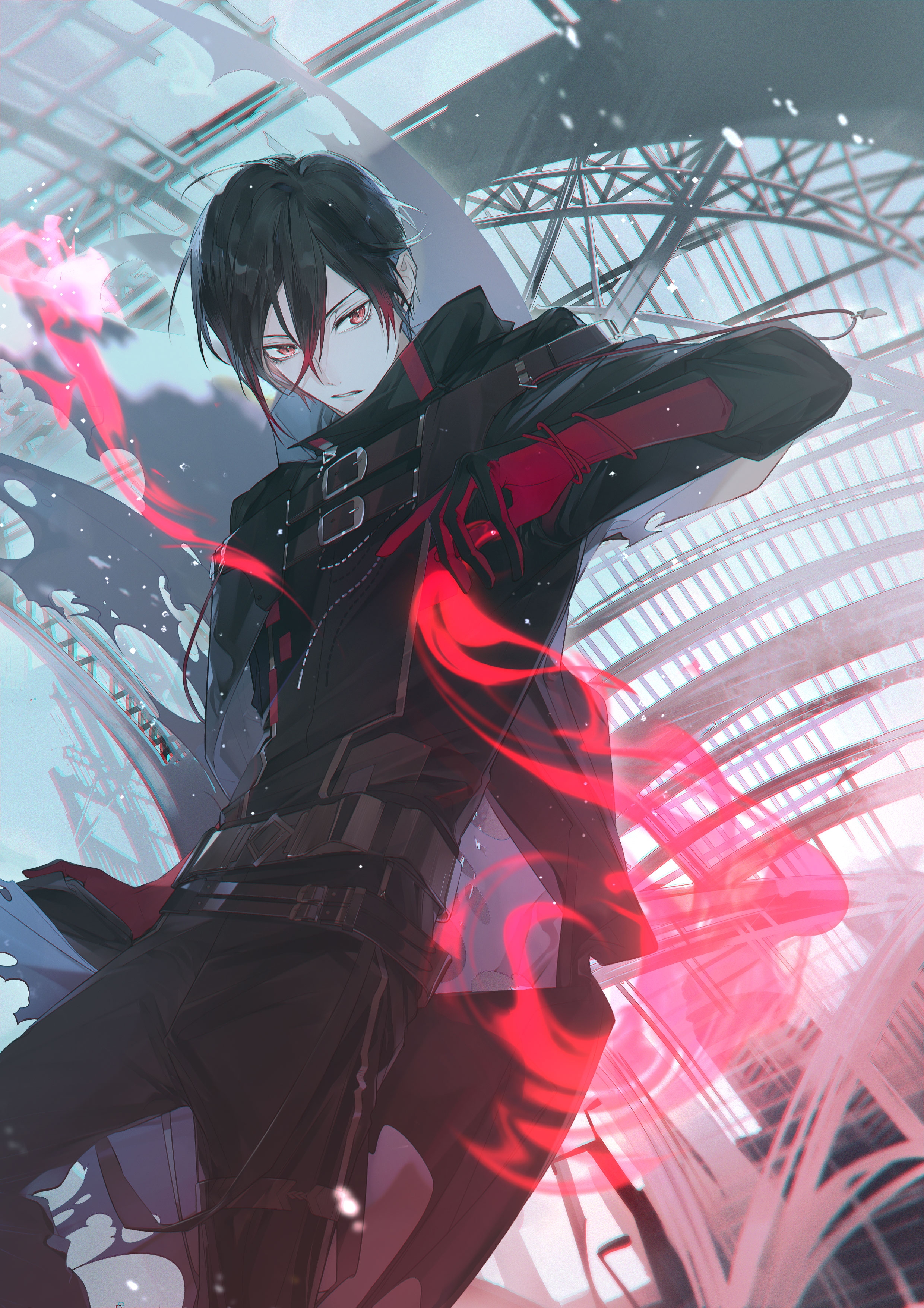 nickel nike, ayn alwyn, ayn alwyn (eden), lovebrush chronicles, absurdres, chinese commentary, highres, 1boy, asymmetrical sidelocks, belt, belt buckle, black belt, black cloak, black gloves, black hair, black jacket, black pants, buckle, cloak, closed mouth, colored tips, cowboy shot, dome, elbow gloves, fire, gloves, hair between eyes, hand up, high collar, indoors, jacket, light particles, long hair between eyes, looking at viewer, male focus, multicolored hair, multiple belts, pants, parted lips, pyrokinesis, red eyes, red gloves, red hair, short hair, sidelocks, sideways glance, solo, standing, three-quarter sleeves, truss, two-tone gloves, v-shaped eyebrows