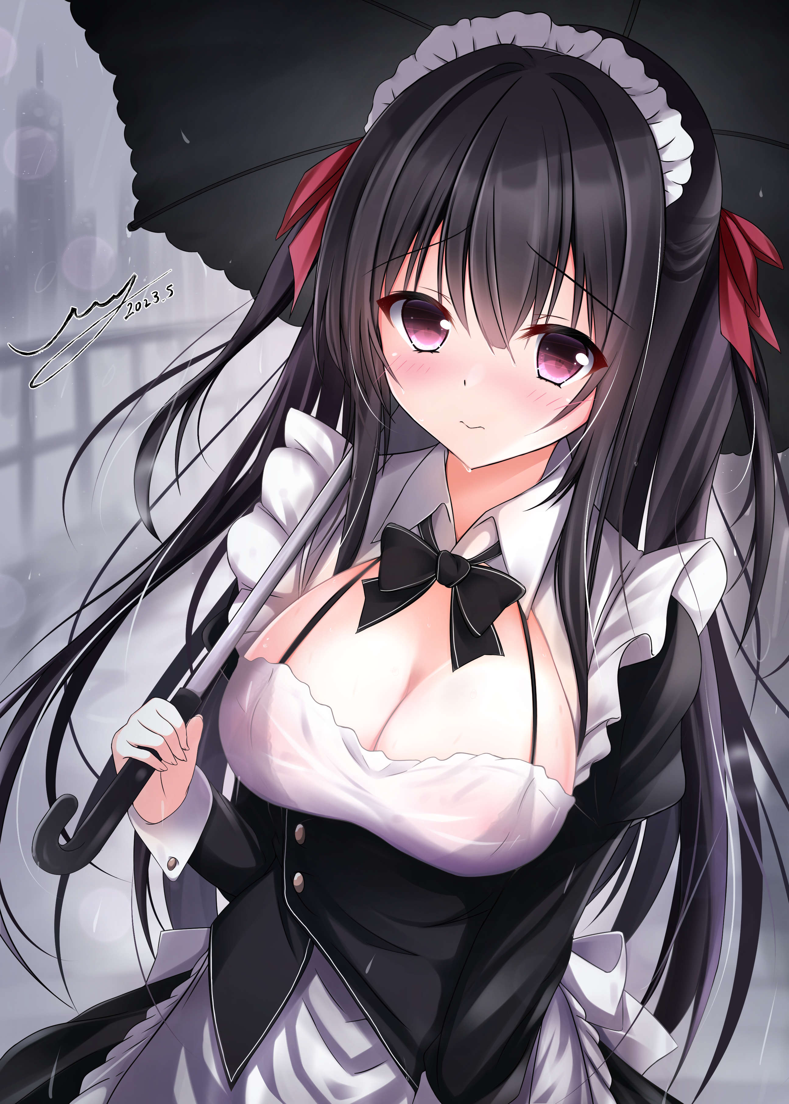 uuy (uuypro), original, absurdres, commentary request, highres, 1girl, 2023, 3:, apron, back bow, black bow, black bowtie, black dress, black hair, black umbrella, blunt bangs, blush, bow, bowtie, bra visible through clothes, breasts, buttons, cleavage, cleavage cutout, closed mouth, clothing cutout, collared dress, cowboy shot, dated, dress, dutch angle, embarrassed, eyelashes, eyes visible through hair, frilled apron, frills, furrowed brow, hair between eyes, hair intakes, hair ribbon, hand up, holding, holding umbrella, juliet sleeves, large breasts, long hair, long sleeves, looking at viewer, maid, maid apron, maid headdress, maitsuki moe, outdoors, puffy sleeves, rain, red eyes, red ribbon, ribbon, see-through clothes, see-through dress, signature, solo, straight hair, two side up, umbrella, v-shaped eyebrows, very long hair, wet, wet clothes, wet dress, white apron, white bow