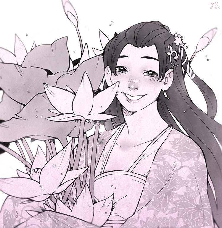 yutaan, jiang yanli, modao zushi, commentary, english commentary, 1girl, artist name, black hair, chinese clothes, floral print, flower, hair flower, hair ornament, hanfu, holding, long hair, looking at viewer, lotus, lotus leaf, monochrome, open mouth, pink flower, pink theme, simple background, solo, upper body, white background
